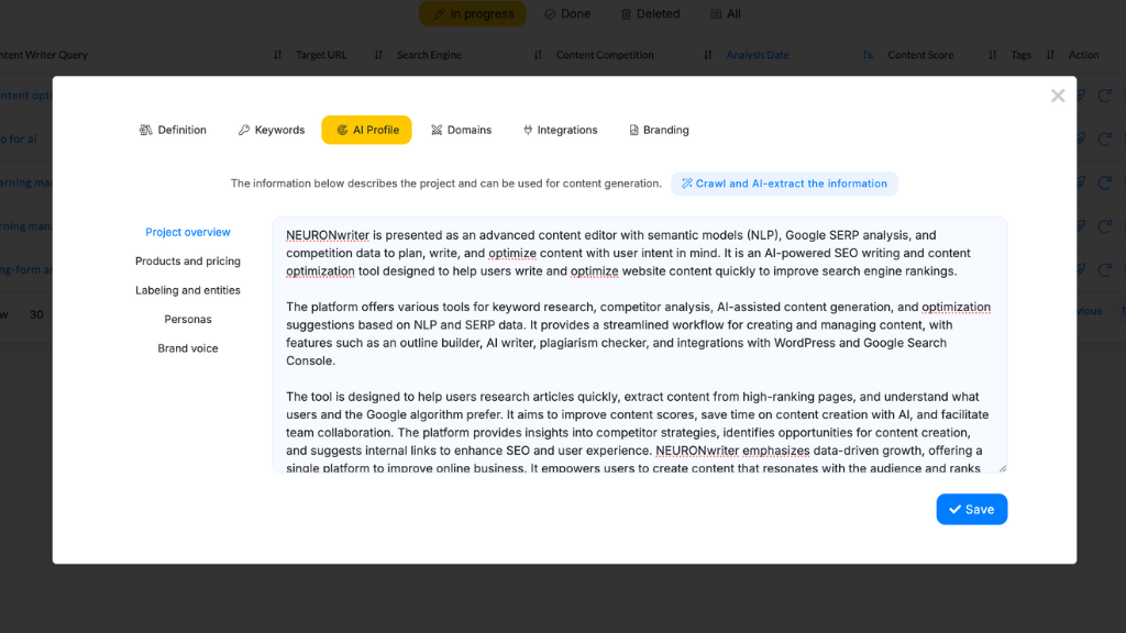 NeuronWriter AI precision content features