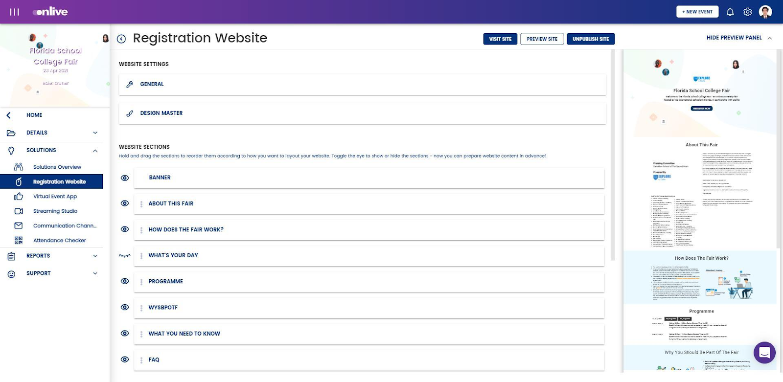 Modular registration website builder