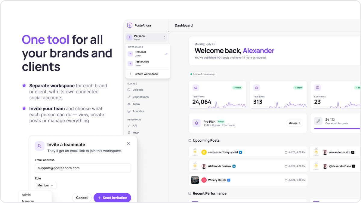PosteAhora workspaces dashboard showing multiple brands and team invite with role selection