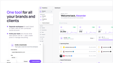 PosteAhora workspaces dashboard showing multiple brands and team invite with role selection thumbnail