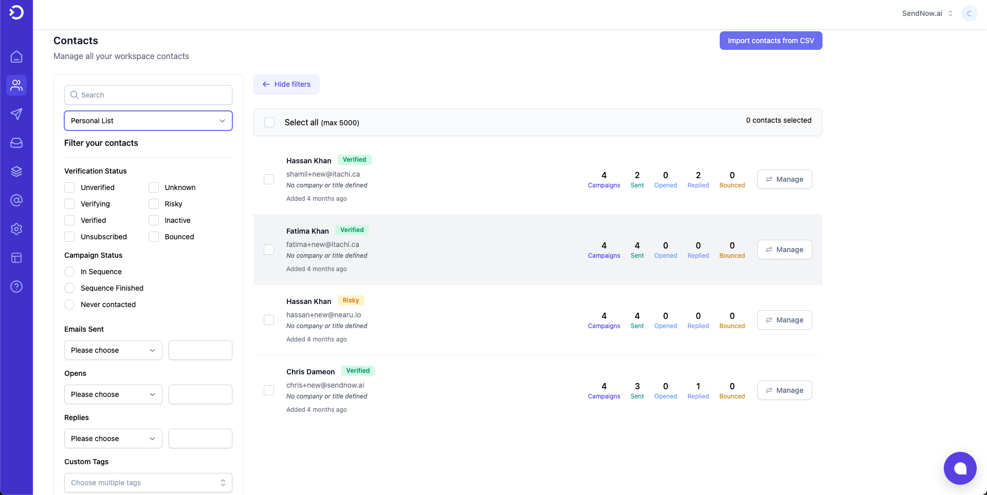 Email contacts dashboard