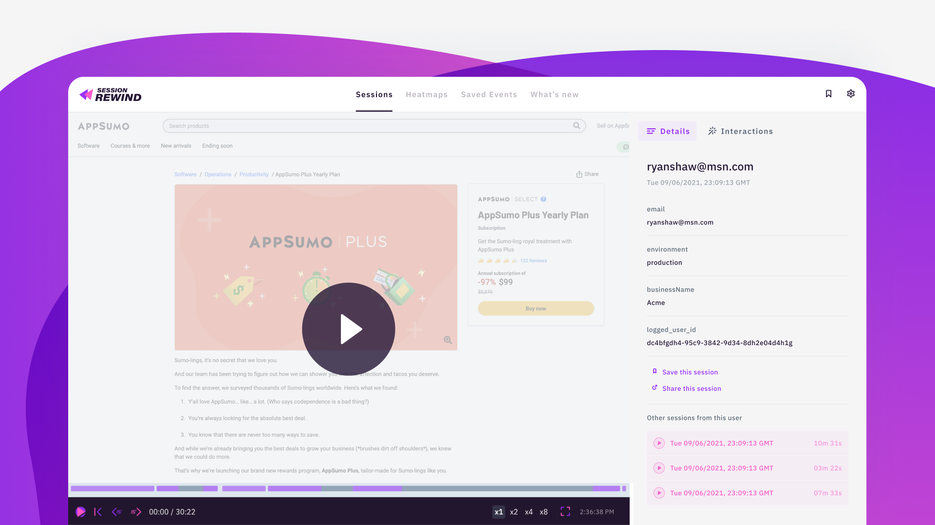 Session Rewind - Record user behavior on websites | AppSumo