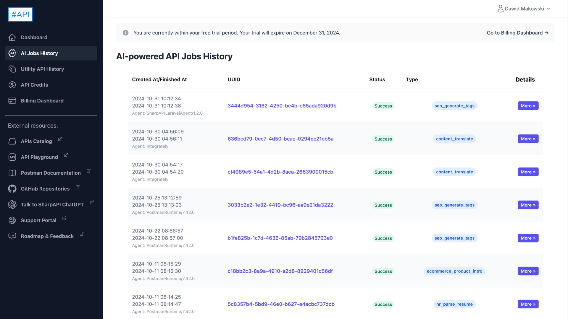 API job requests dashboard