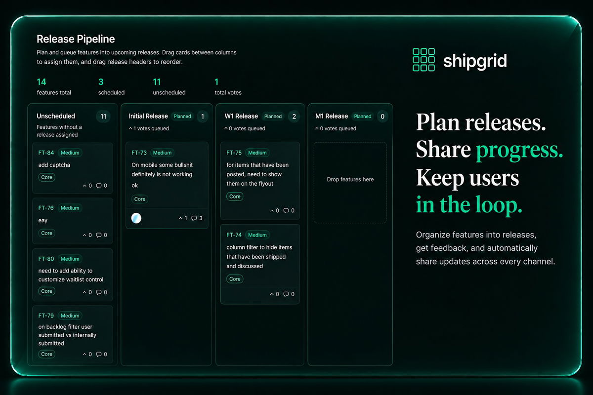 Shipgrid website widget collecting feature requests into a product roadmap.