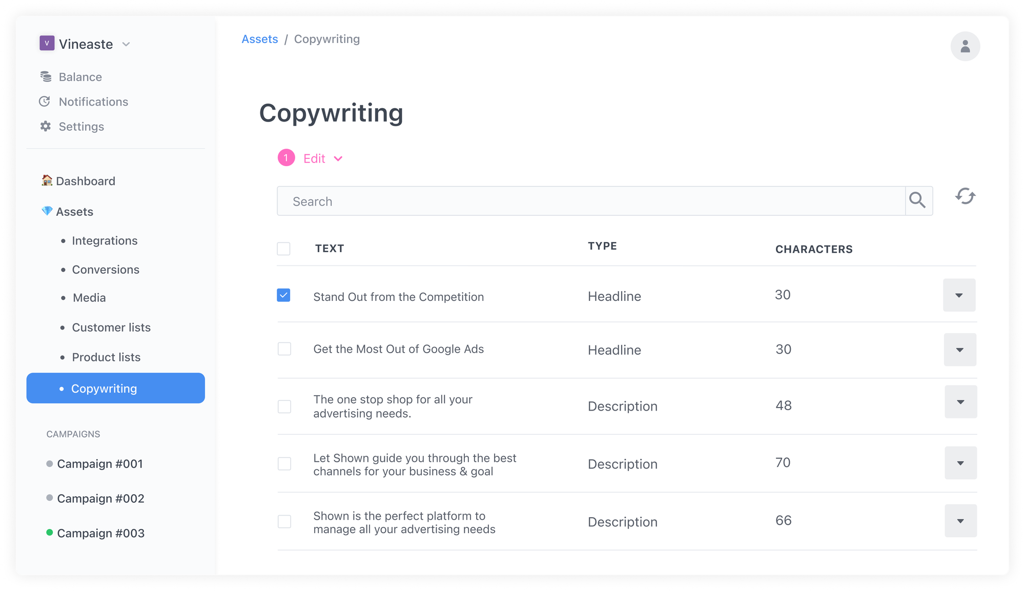 Copywriting tab