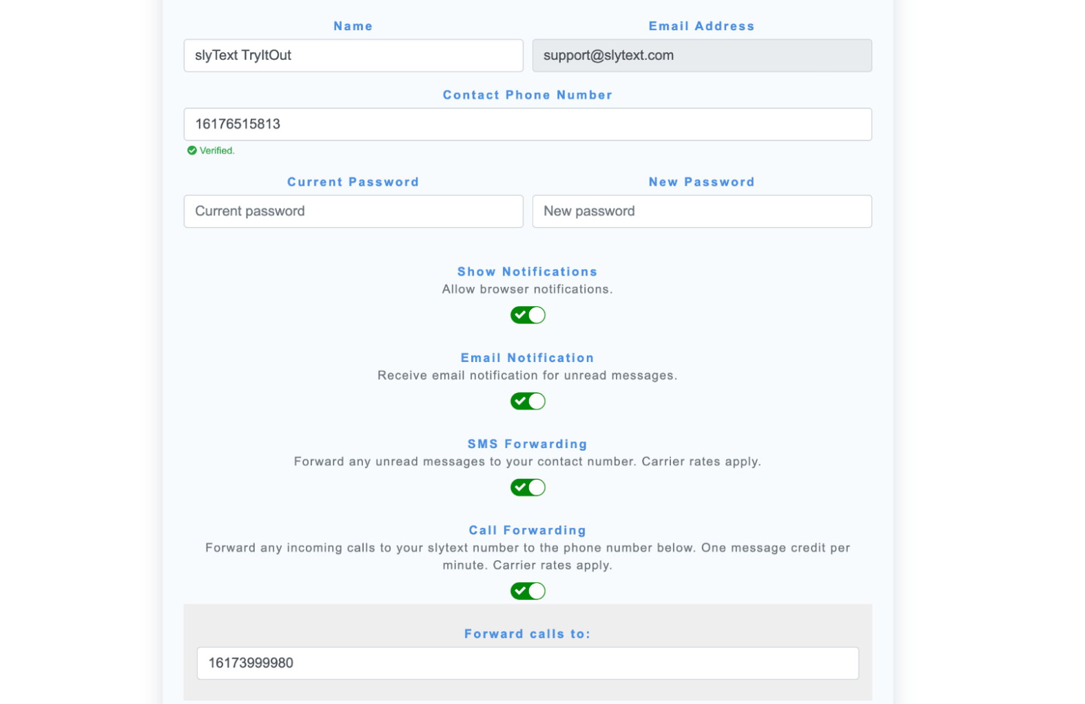 SMS and call forwarding options