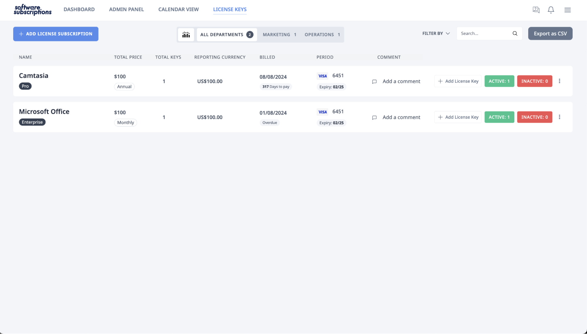 Manage license keys