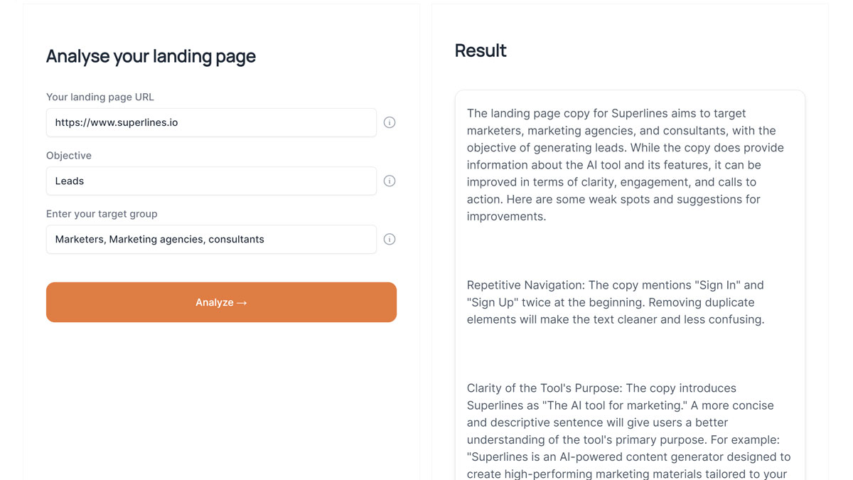 AI landing page analyzer