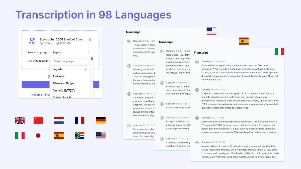 Transcribe in over 90 languages