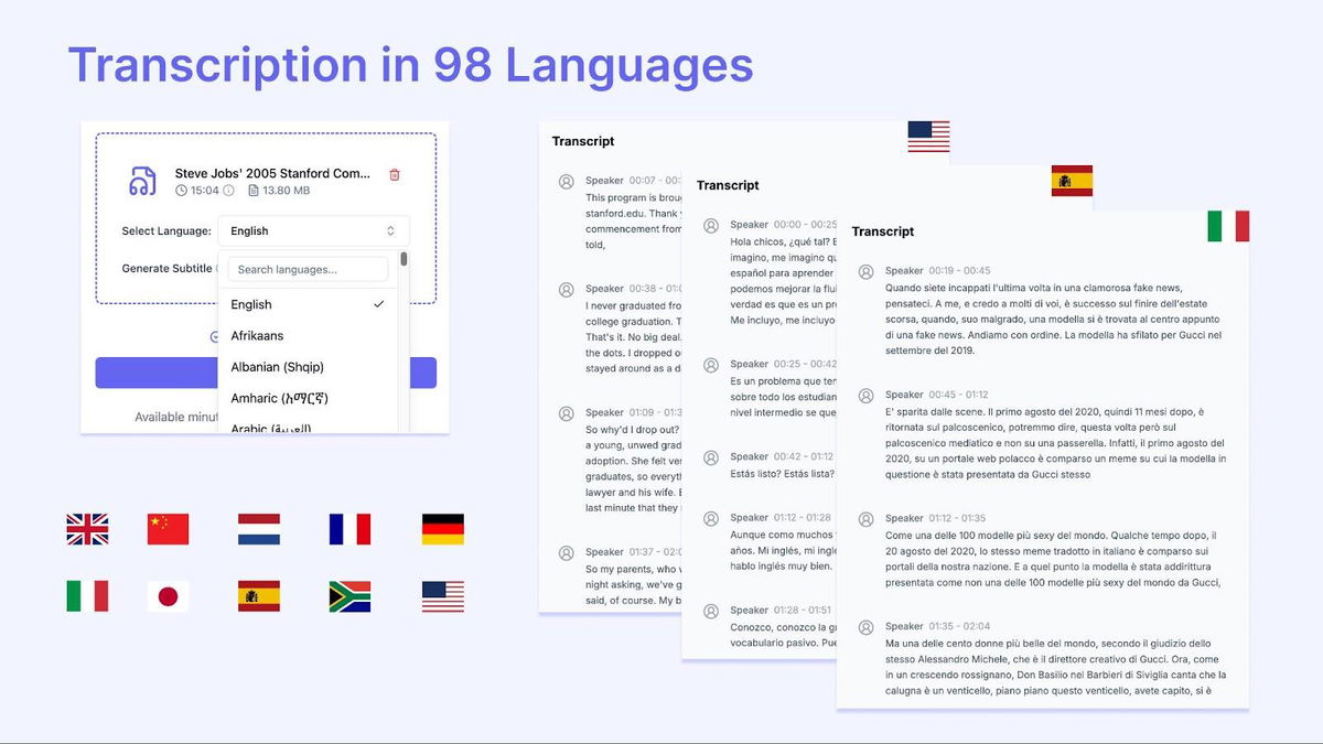 Transcribe in over 90 languages