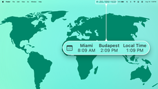 Time's macOS menu bar popover listing Local Time, Miami, Budapest, UTC−1 and Los Angeles side by side with their UTC offsets thumbnail