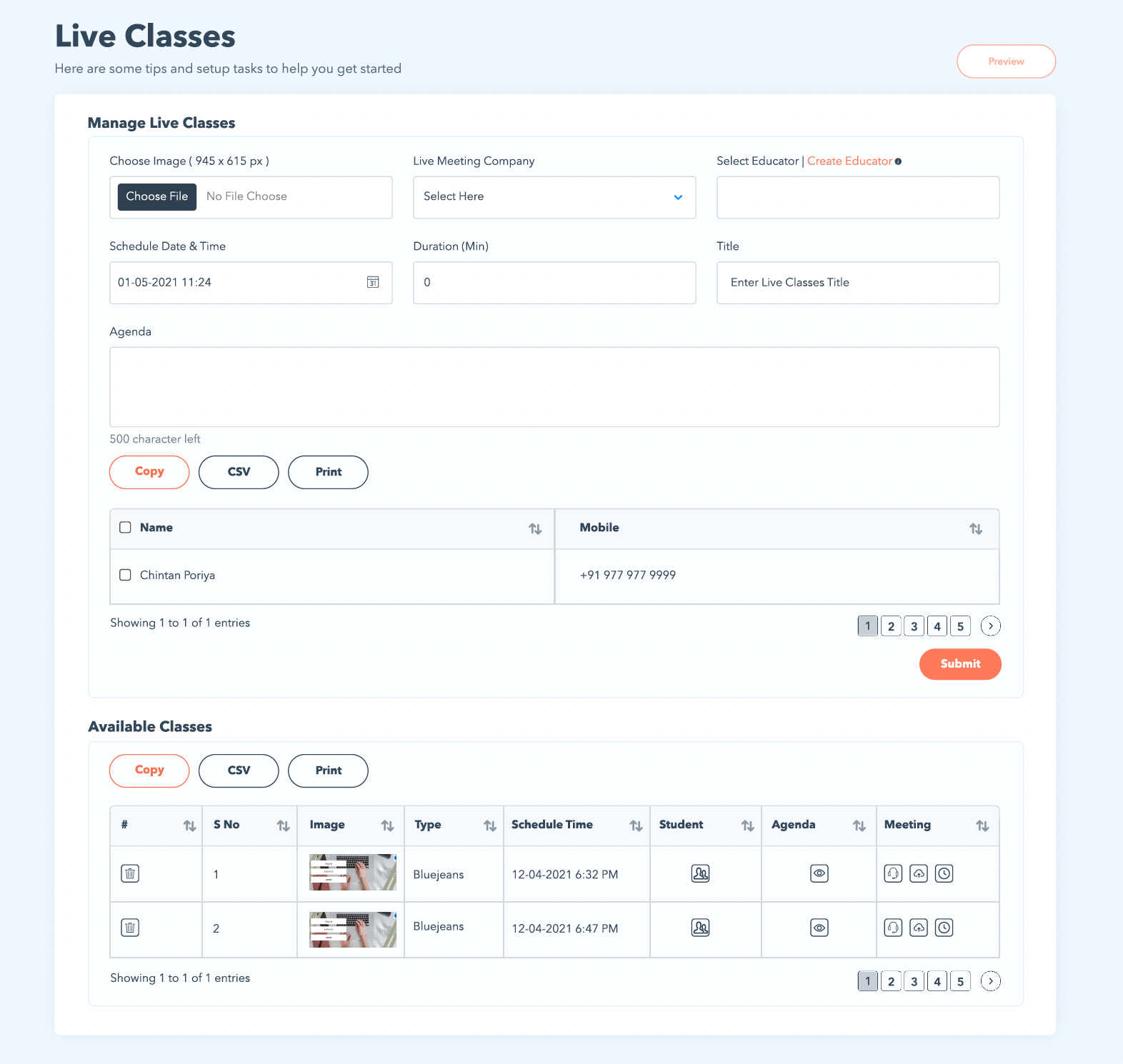 Live class dashboard