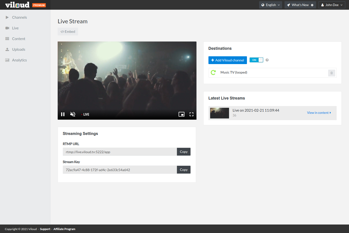 Livestream setup page