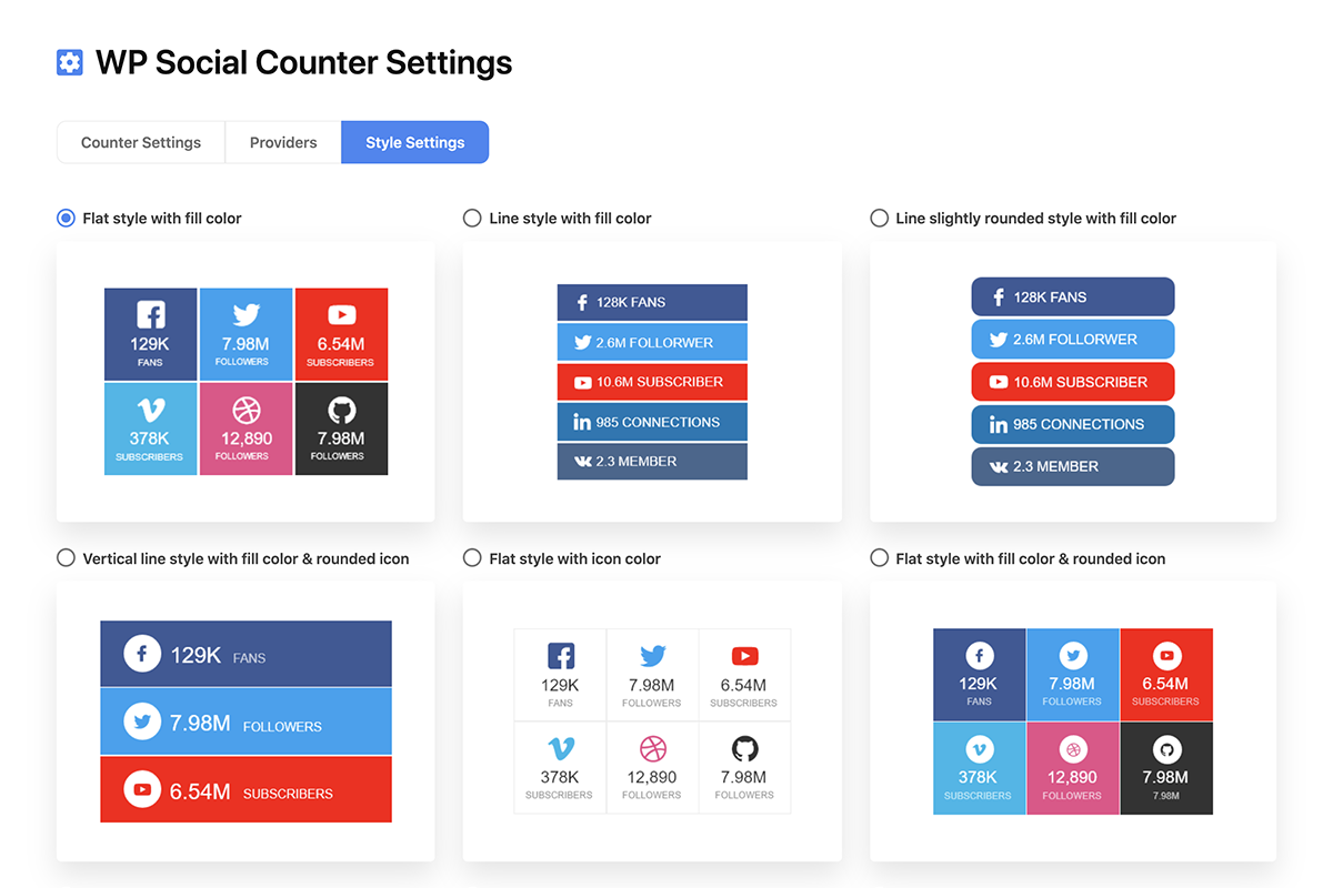 Counters display your fans, subscribers, and followers