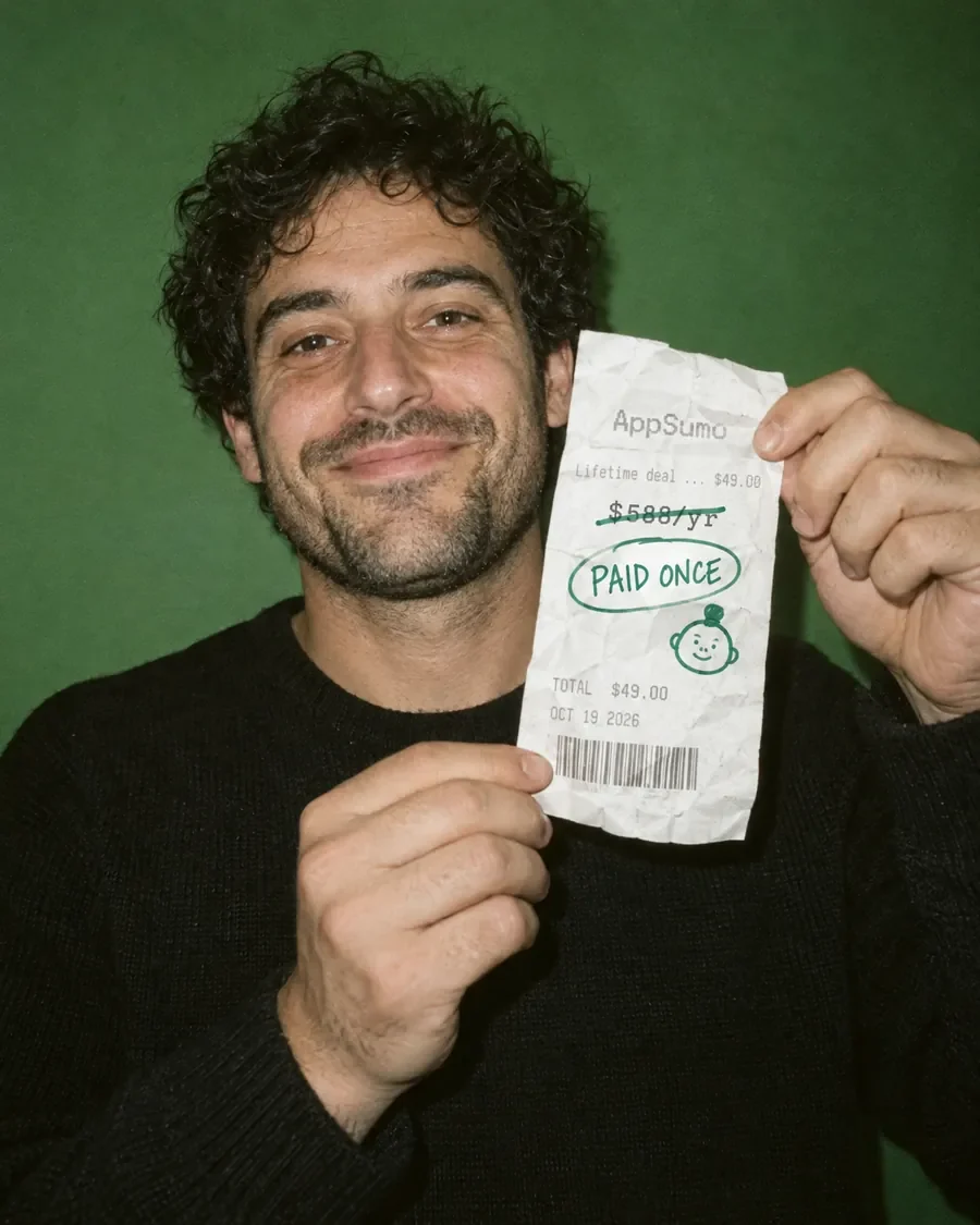A smiling founder holds up a crumpled $49 receipt marked PAID ONCE in green marker.