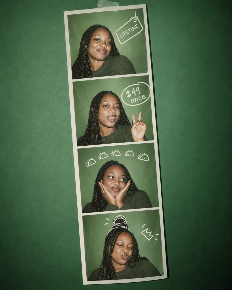 A photo-booth strip of one founder in four poses, doodled with a LIFETIME tag, $49 once, five tacos and a sumo topknot.